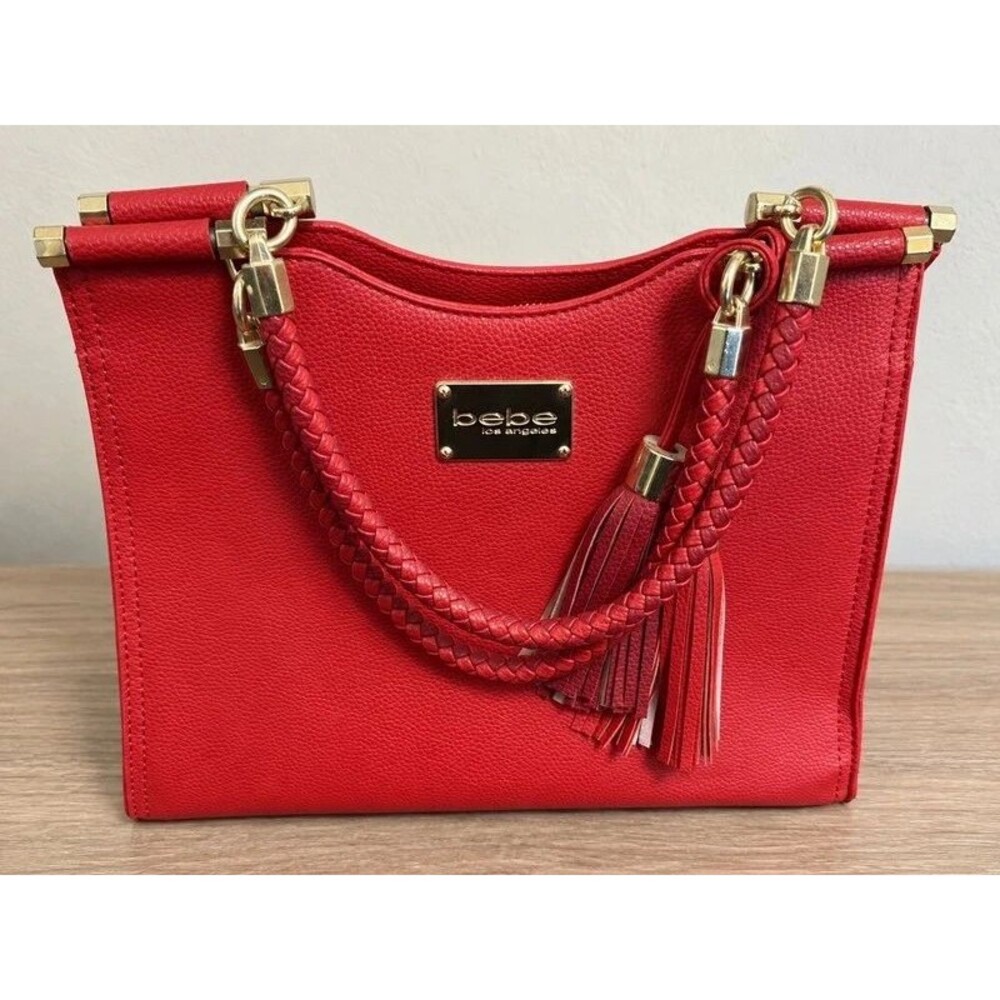 Bebe Los Angeles Red Braided Handle Tassel Satchel Purse Gold Hardware